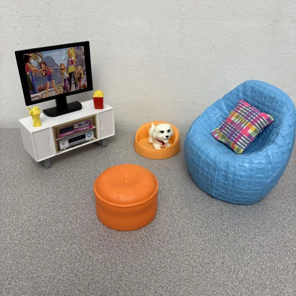 Barbie Doll Furniture - 2018 Dream House, TV Stand, Chair, Ottoman, Puppy